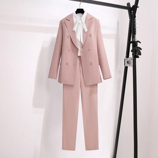 

women's two piece pants large size clothing spring autumn set fashionable suit jacket + shirt casual three-piece, White