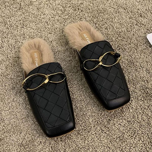 

furry weave slippers women retor square toe mules plush shoes woman pantoufles 3-style metal buckle/chain/crystal fur slides2021, Black