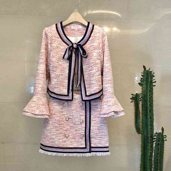 

autumn women's tweed wool professional suits ladies small suit jacket coau pencil skirt twinsets retro formal wear 210525, White