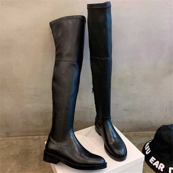 

boots back zipper thick mid-heel stretch sleeve thin over the knee long round toe women's shoes, Black