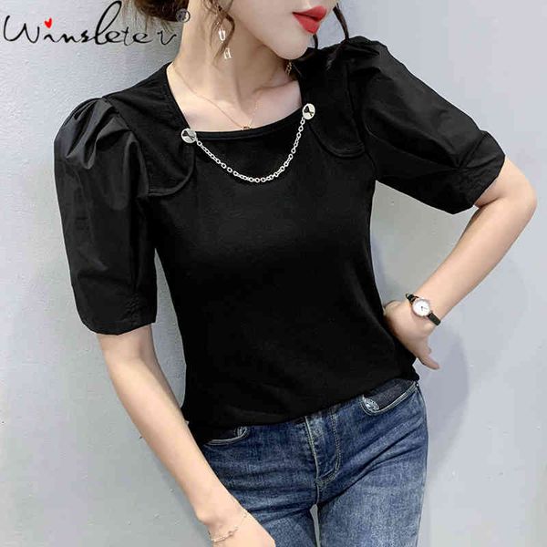

women's t-shirt summer european clothes girl fashion skew collar button chain women short sleeve tees all match 2021 t14208a, White