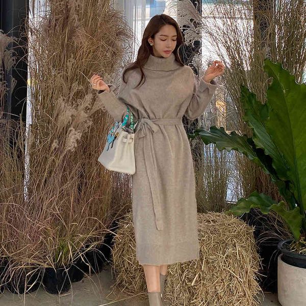 

casual dresses elegant turtleneck knitted women autumn loose female sweater winter high waist belt split b4fe, Black;gray
