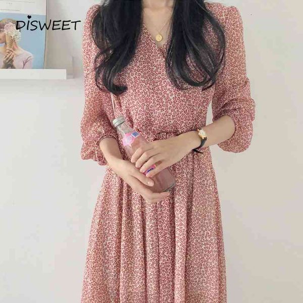 

dresses korean floral print v-neck woman harajuku loose high waist long sleeve ladies simple slim plus size women's es, Black;gray