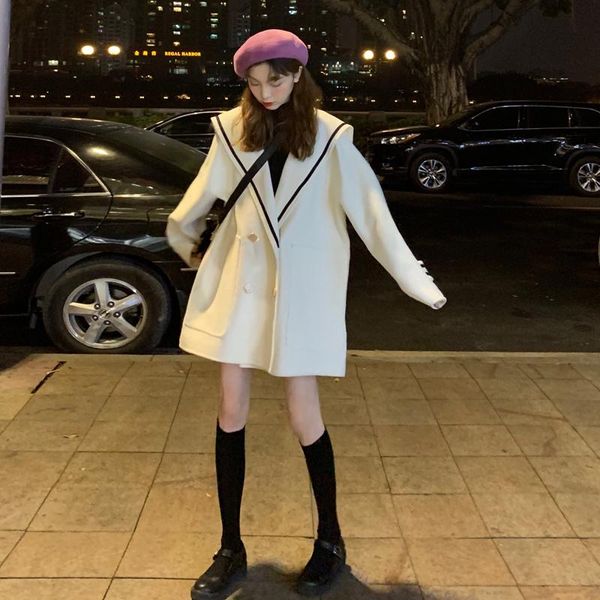 

women's wool & blends college style navy collar coat spring autumn 2021 fashion loose long-sleeved black woolen women manteau femme hiv