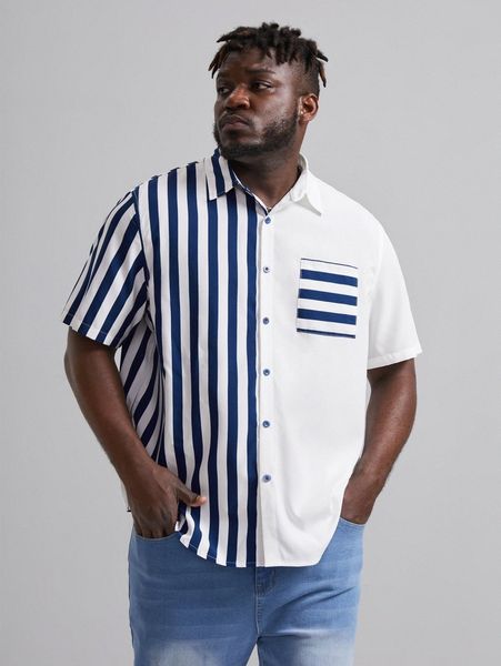 

extended sizes men colorblock striped patched pocket shirt y1v6#, White;black