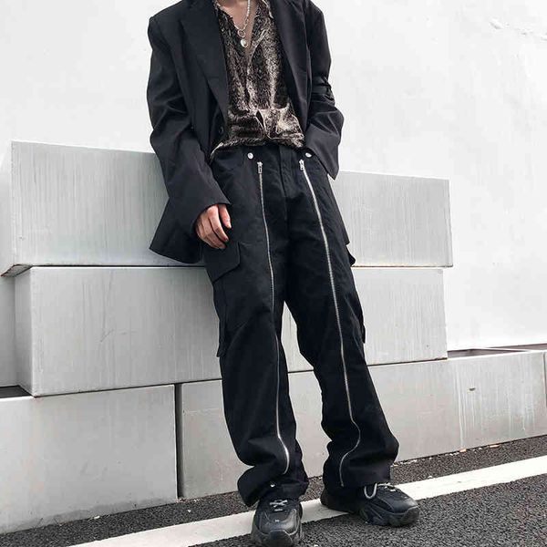

overalls high street casual trousers male zipper decorate straight oversize cargo pants hip hop baggy pants, Black