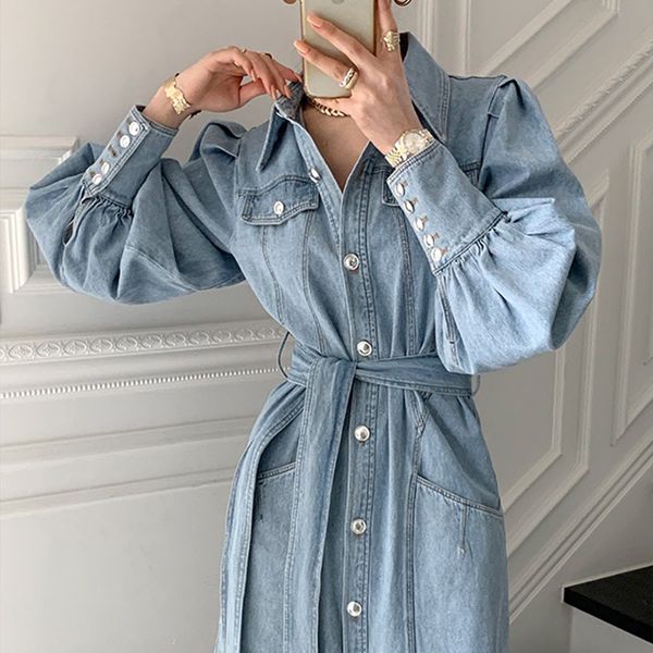 

denim woman dress 2021 spring korean fashion dresses solid elegant long sleeve clothing vintage turn-down collar casual, Black;gray