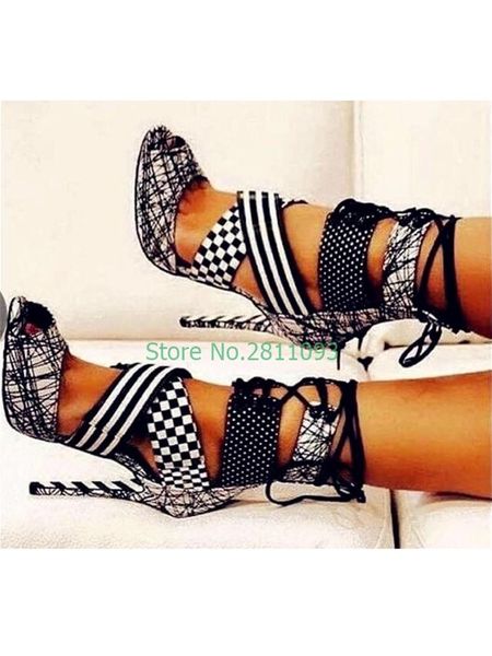 

gladiator stiletto high heel sandals peep toe tie up cut out rome summer shoes white black mixed narrow strap runway ladies shoe