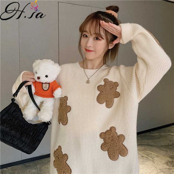 

hsa autumn winter little bear biscuits round neck pullover loose cute anti-aging women's outerwear sweater knitwear 210716, White;black