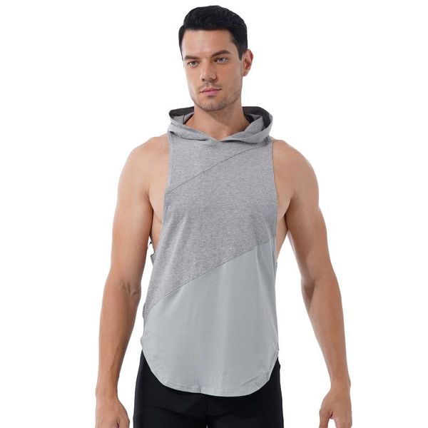 

men' tank men fashion solid color patchwork casual gym sport breathable hooded vest sleeveless workout fitness underwaist, White;black