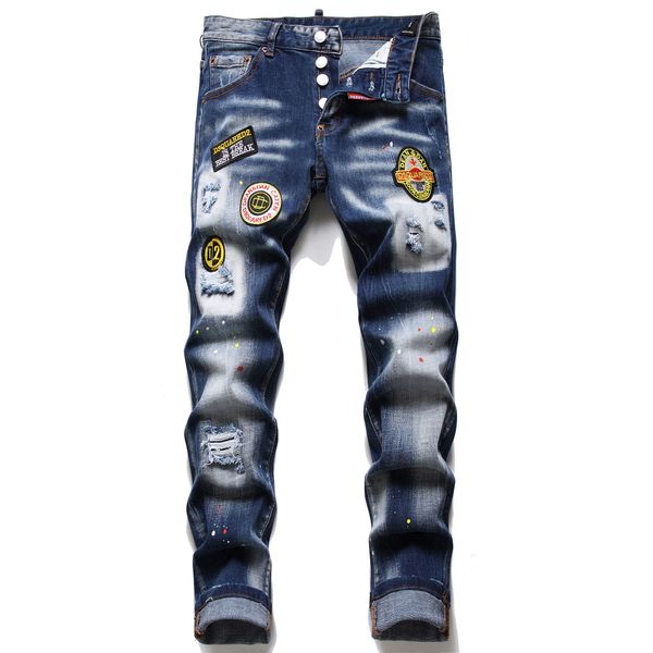 

2022 wholesaleswag mens designer brand black jeans skinny ripped destroyed stretch slim fit hop hop pants with holes for men 5006, Blue
