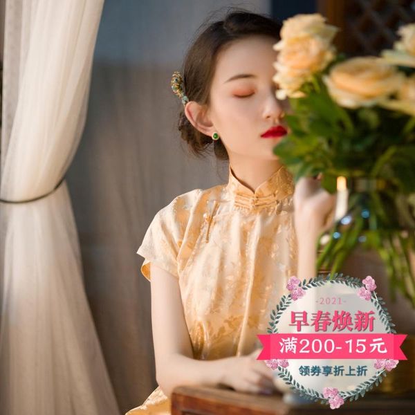 

spring, summer and autumn chinese standing collar, plate buckle jacquard young girl's short cheongsam retro dress ethnic clothing, Red