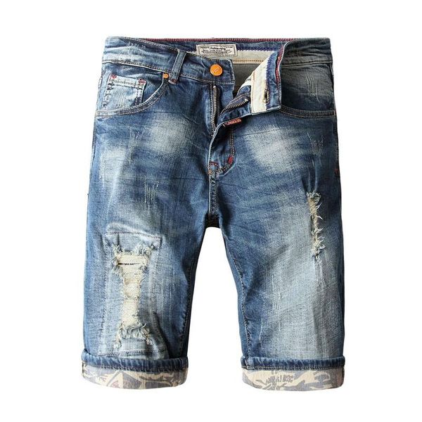 

men's jeans 2021 casual loose straight short cotton pure color hole brand denim shorts summer, Blue