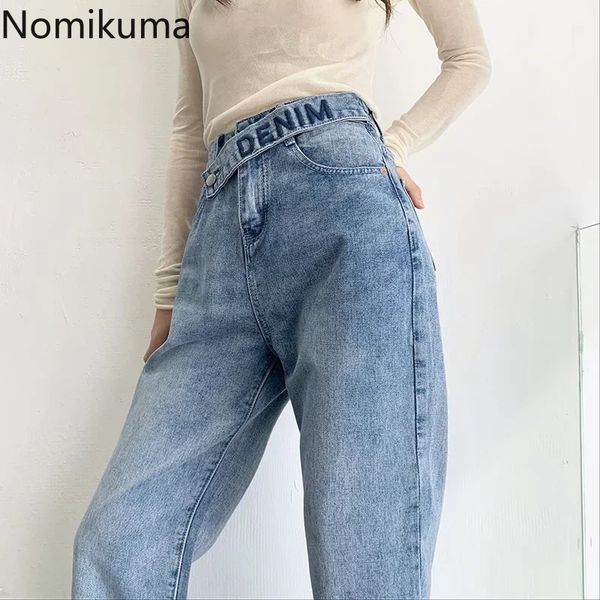 

nomikuma women jeans pants letters embroidery belt high waist ankle trousers new causal bf style straight demin pants 6b961 210427, Blue
