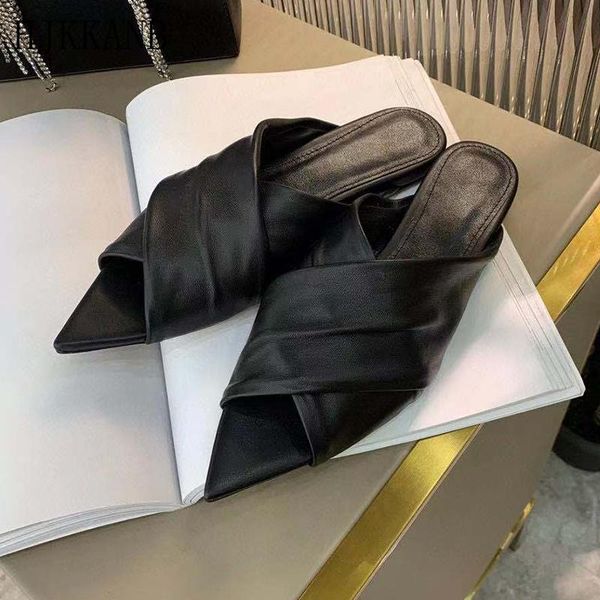 

slippers pointed toe fish mouth soft genuine leather flat women pleated design solid color slides comfortable outdoor lazy mules, Black