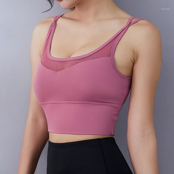 

yoga outfit double spaghetti straps sports bras for womens padded fitness workout running aesthetic crop tank with mesh back