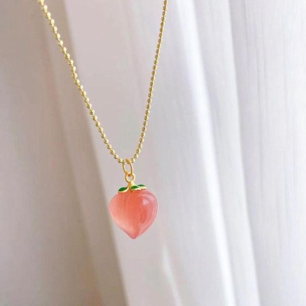 

chains natural stone quartz red peach cherry pendant necklace for woman metal chain plated 14k gold choker sweet jewelry girl, Silver