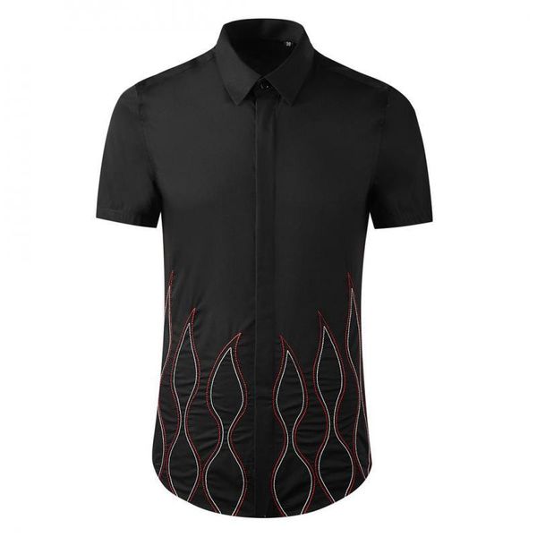

men's casual shirts black white mens luxury short sleeve flame embroidery dress slim fit party male 3xl, White;black