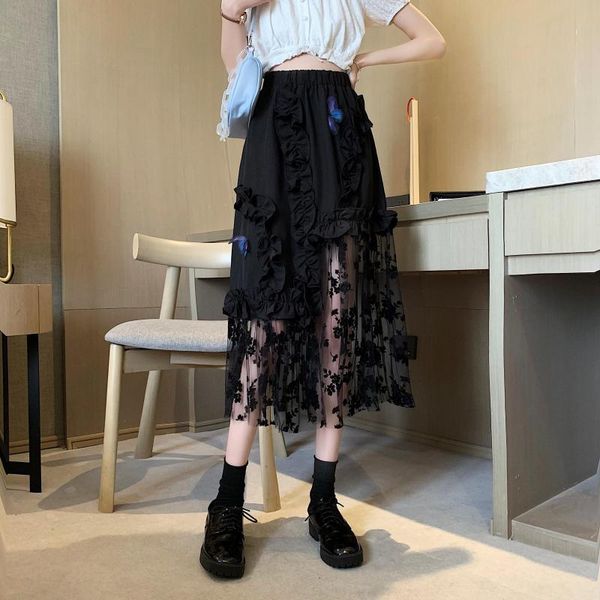 

skirts black skirt girl summer high waist mesh irregular butterfly three dimensional decoration streetwear pleated midi