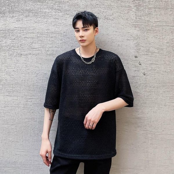 

men's t-shirts summer t-shirt for men casual mesh hollow knit short sleeve male streetwear vintage fashion tees shirts man, White;black