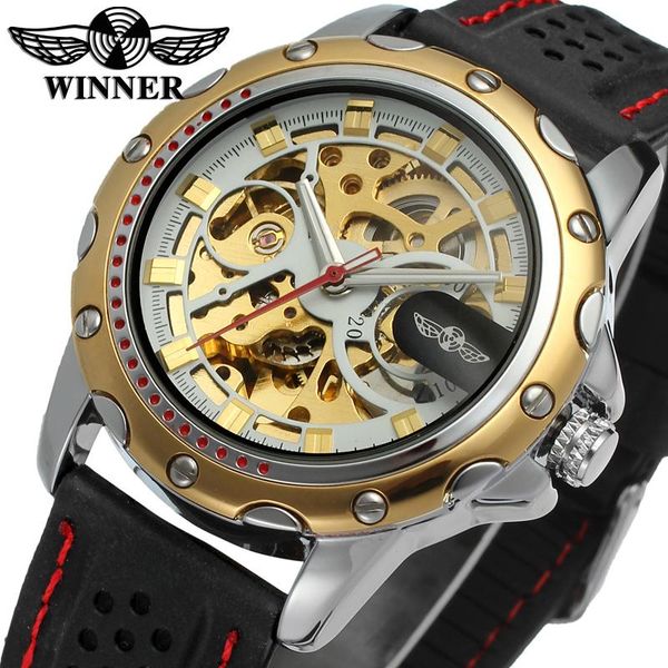 

men watch winner skeleton with gold color bars index black silicone band gift box wrg8027m3t7 wristwatches, Slivery;brown