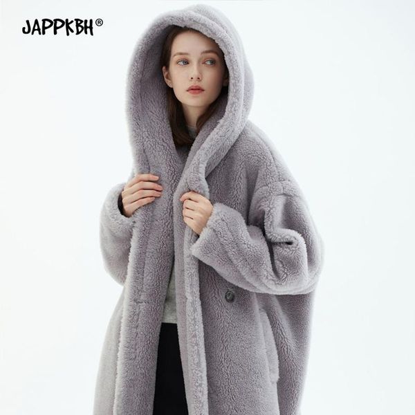 

women's fur & faux teddy coat women autumn winter 2021 casual long hooded jacket female thick warm cotton lining outwear with pocket, Black