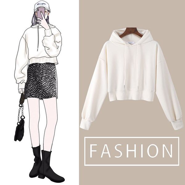 

fashion trends ladies' sweaters short hooded sweater women's spring and autumn thin 2021 hoodie round neck loose korean long sleev, Black