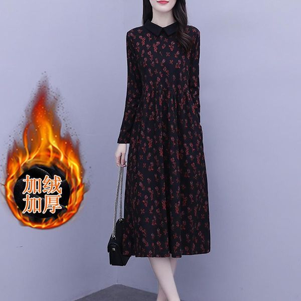 

women designer big plus size l-5xl thermal dress keep warm winter xxl xxxl 3xl xxxxl 4xl 5xl slim casual party long sleeve dresses, Black;gray
