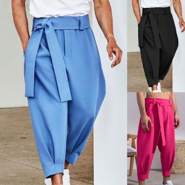 

men's pants solid color lace-up casual belt loose cropped trousers for autumn winter all-match design streetwear, Black