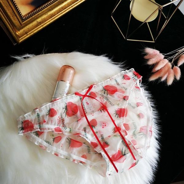 

women's panties strawberry underpants bow lace underwear flower transparent mesh seamless thong low rise, Black;pink