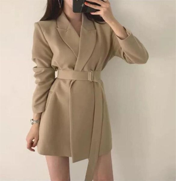 

women's single suit medium long retro coat with belt korean casual temperament fashion personality commuting suits & blazers, White;black