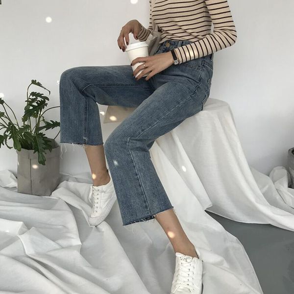 

women's jeans retro student loose and slim high waist jeans women's spring korean versatile straight pants xm2c, Blue