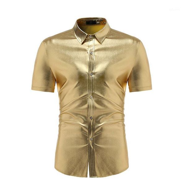 

mens metallic shiny nightclub party shirts camisa masculina 2021 fashion gold slim fit short sleeve shirt men dj dance costumes men's c, White;black