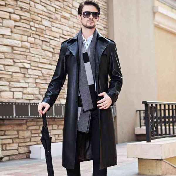 

men's brand windbreaker, high-quality leather et, long coat, thick thermal lining, large raincoat., Black
