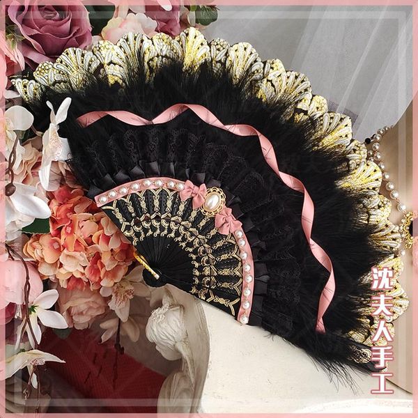 

party masks handmade dark vintage gothic lolita style black feather golden lace pearl hand-held fans po booth accessories