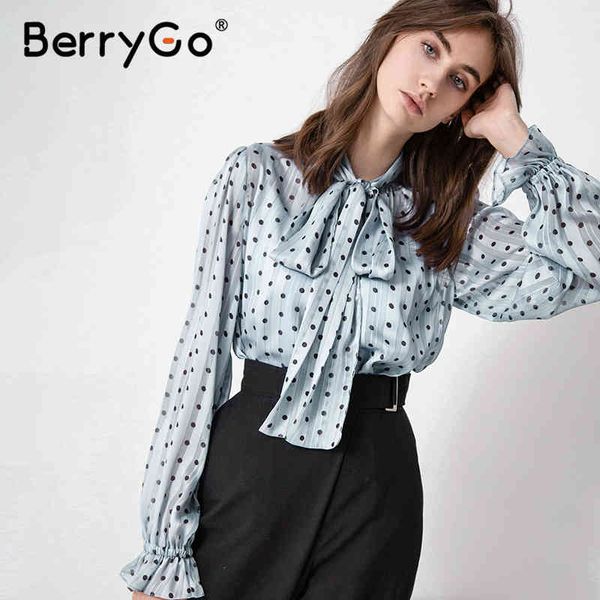 

berrygo blue polka dot long sleeve office blouse women summer spring tie neck blouses shirt elegant work wear loose female 210513, White