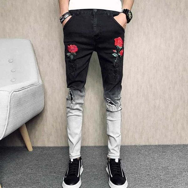 

men's jeans jeans rose embroidered slim patchwork fashion hole black and white hit color stretch skinny pencil 5y84, Blue