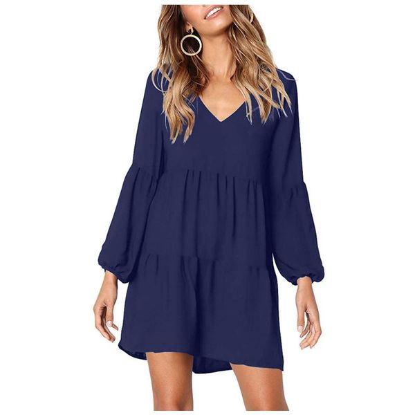 

casual dresses fashion women dress solid v-neck lantern long sleeve flowy swing shift loose vestido de mujer kobieta sukienka, Black;gray