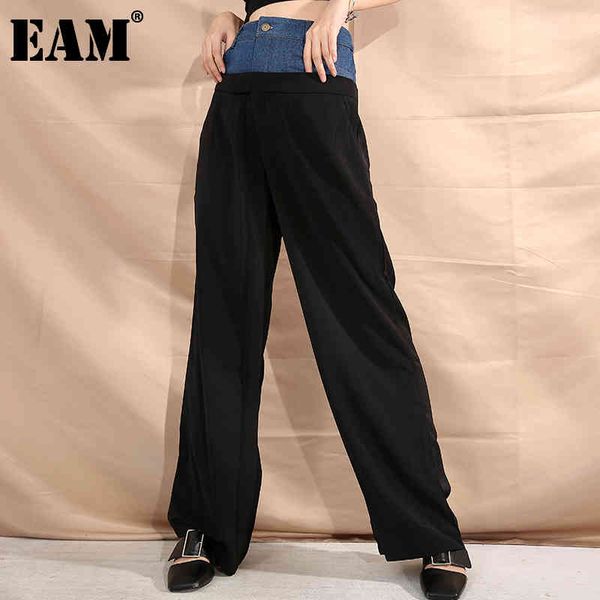 

[eam] high elastic waist denim contrast color long wide leg trousers loose pants women fashion spring autumn wg9041 21512, Blue