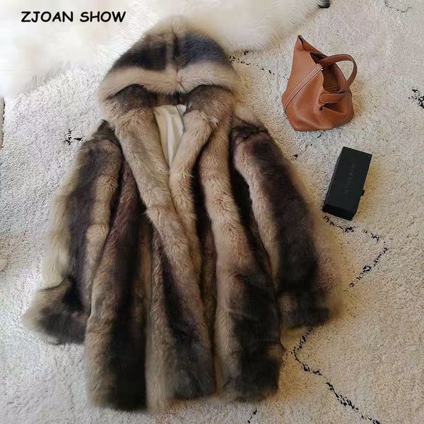 

women's wool & blends winter hairy shaggy mink faux fur striped hooded coat women long sleeve furry warm oversize jac, Black