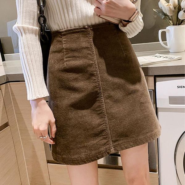 

skirts 2021 women autumn winter slim corduroy skirt female high waist a-line mini lady solid vintage casual elegant d21, Black