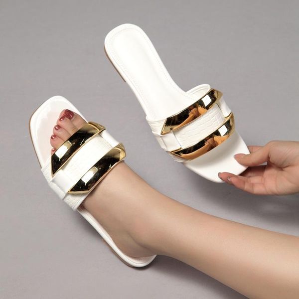 

slippers women personalized big gold button sandals designer quality pu ladies temperament holiday slides beach lazy shoes, Black