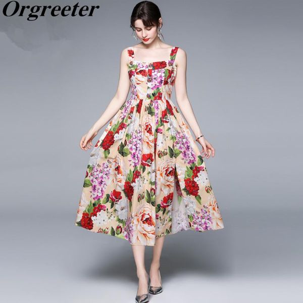 

casual dresses spaghetti strap ruched long dress women's luxury diamond buttons flower print holiday plus size for women, Black;gray