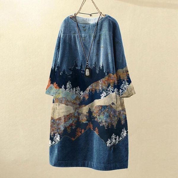 

casual dresses women vintage pockets corduroy landscape print long sleeve loose dress winter 2021 autumn femme plus size, Black;gray