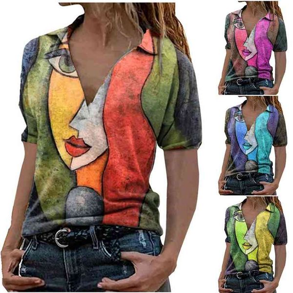 

women's casual loose fashion large size t shirt summer portrait printing v neck short sleeved blusa de frio feminina femme 210623, White