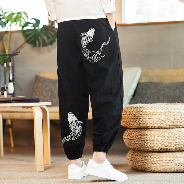 

men joggers pants 2021 summer mens sweatpants fish embroidery sport linen trousers men's, Black