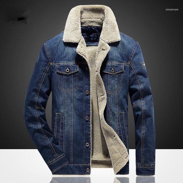 

winter men denim fleece jacket fashion casual jeans warm thick cowboy coat male fur collar bomber coats outwear 6xl1, Black;brown