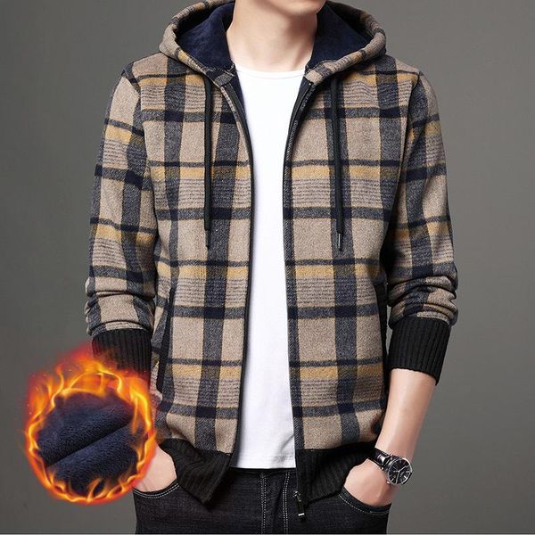 

men's sweaters wool cardigan autumn winter warm thick patchwork hooded collar long sleeve knitted casual male jacket pull homme, White;black