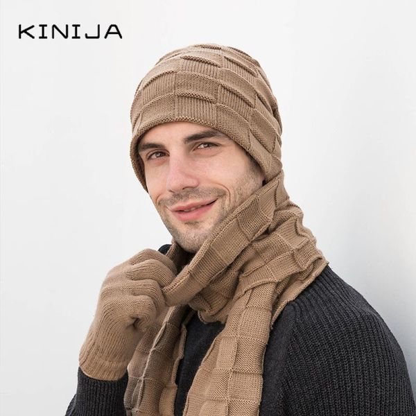 

hats, scarves & gloves sets men winter warm thick plush hat scarf suit touch screen cold proof protective neck face hand knitted, Blue;gray
