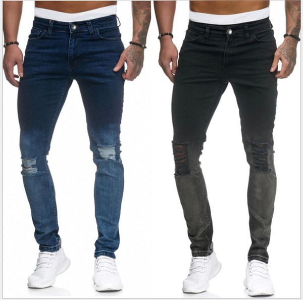 

fashion jeans men's with holes and elastic feet, Blue
